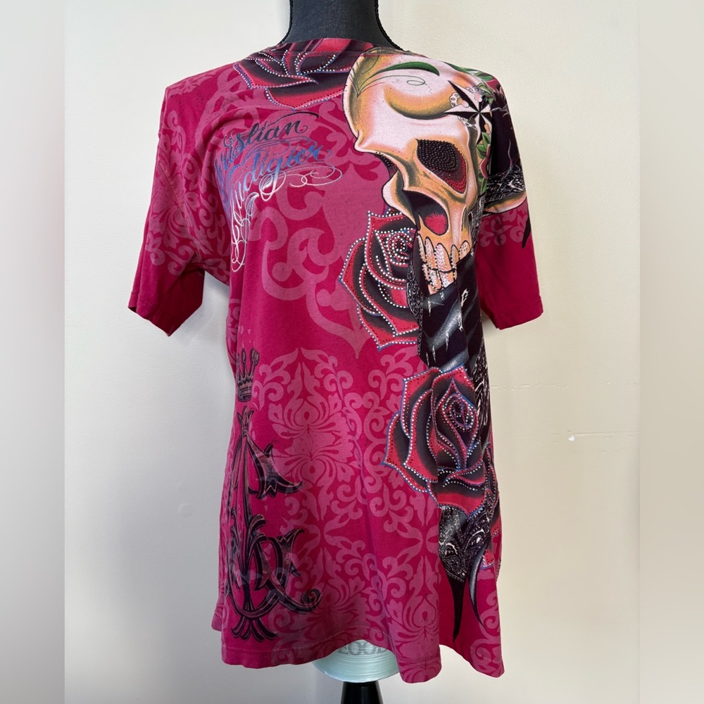 Christian Audigier - Y2K Men's Red Skull and Rose Tee - Size M
